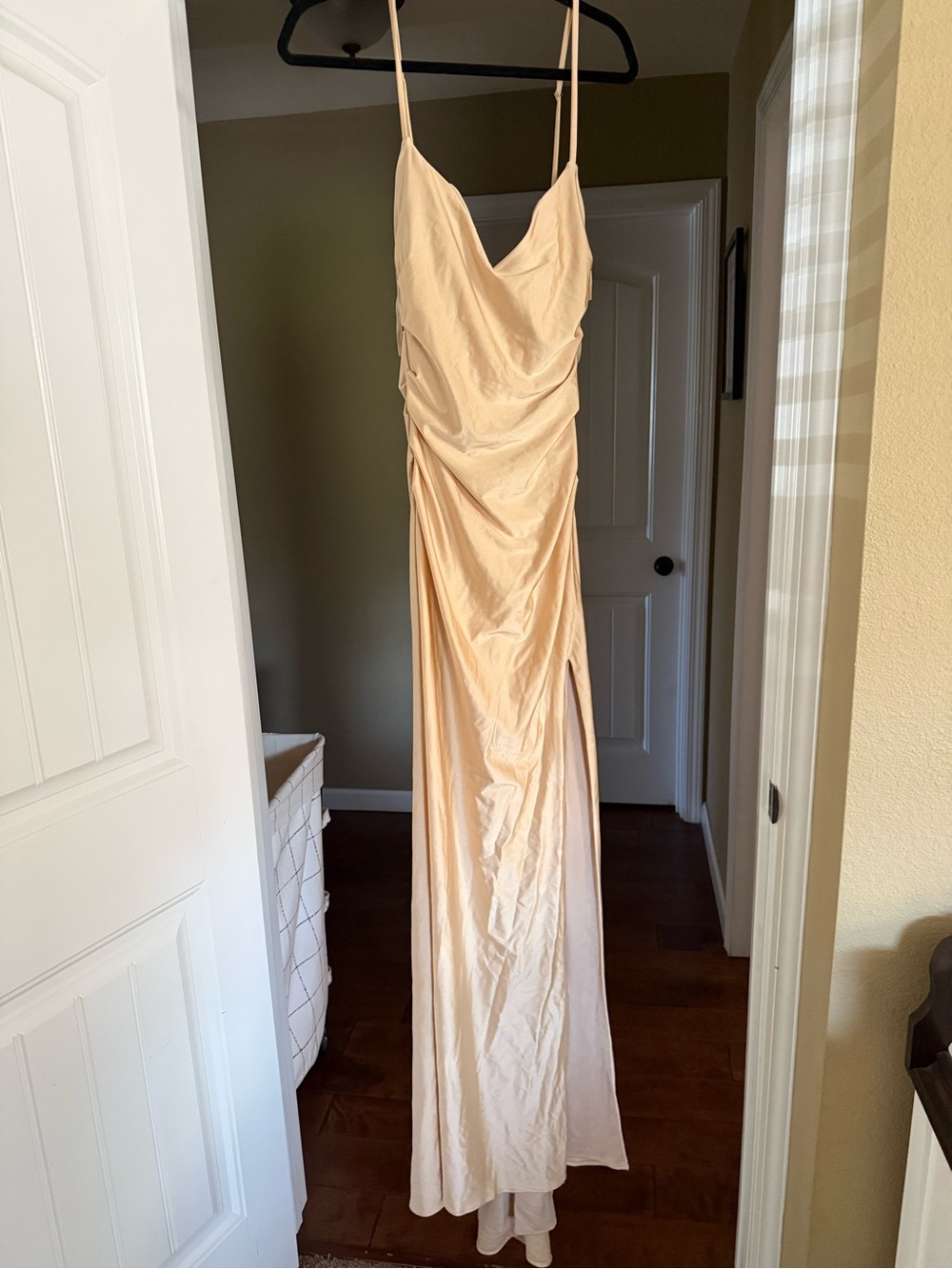 La Femme Nude Champagne Cowl Slip Maxi Dress with Side Slit
